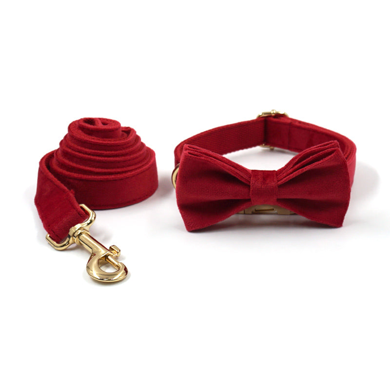 KFX-4756157 Red Thick Velvet Pet Collar and Leash Set with Gold Buckle and Bow Tie for Christmas