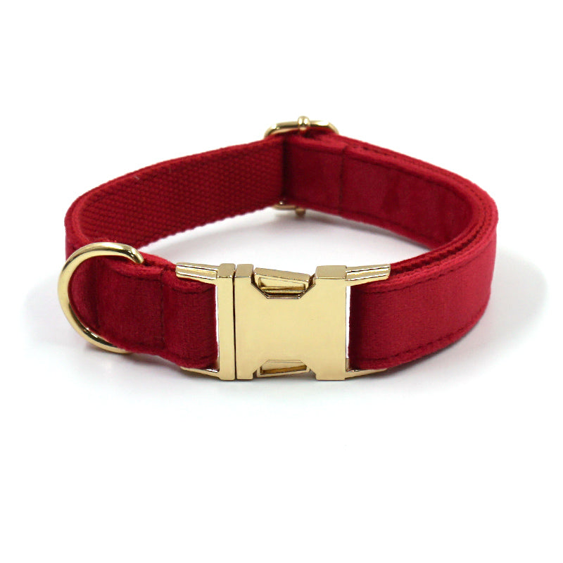 KFX-4756157 Red Thick Velvet Pet Collar and Leash Set with Gold Buckle and Bow Tie for Christmas