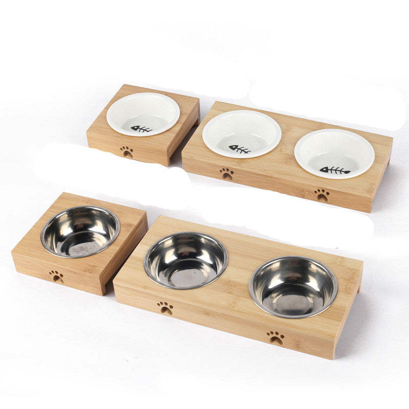 KFX-4758333 Bamboo Frame Double Bowl Set for Cats and Small Dogs - Ceramic and Stainless Steel
