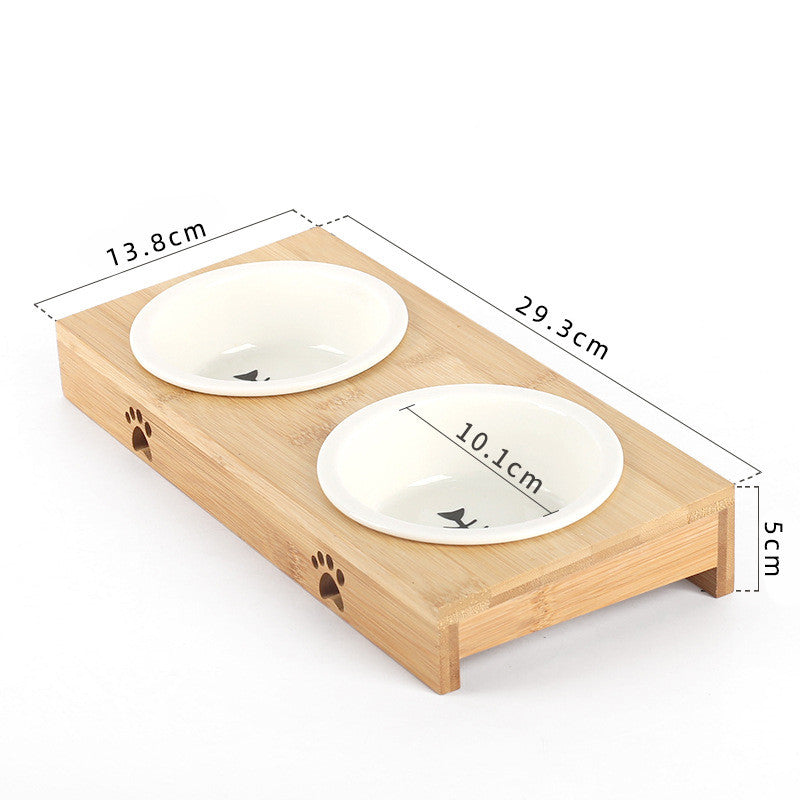 KFX-4758333 Bamboo Frame Double Bowl Set for Cats and Small Dogs - Ceramic and Stainless Steel