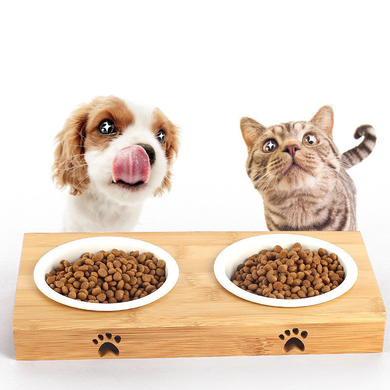 KFX-4758333 Bamboo Frame Double Bowl Set for Cats and Small Dogs - Ceramic and Stainless Steel