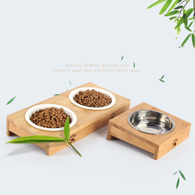 KFX-4758333 Bamboo Frame Double Bowl Set for Cats and Small Dogs - Ceramic and Stainless Steel