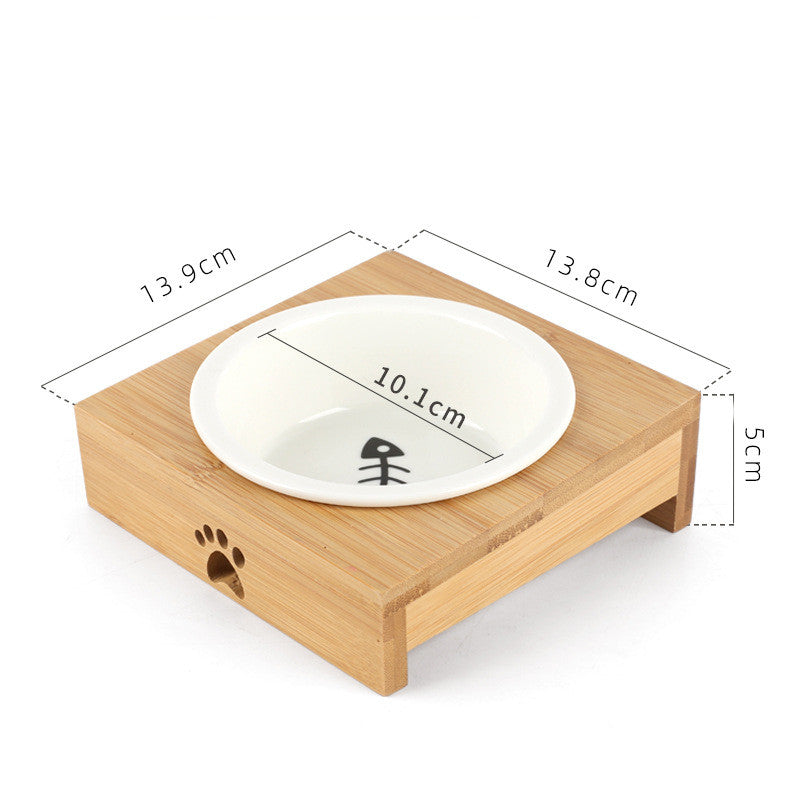 KFX-4758333 Bamboo Frame Double Bowl Set for Cats and Small Dogs - Ceramic and Stainless Steel