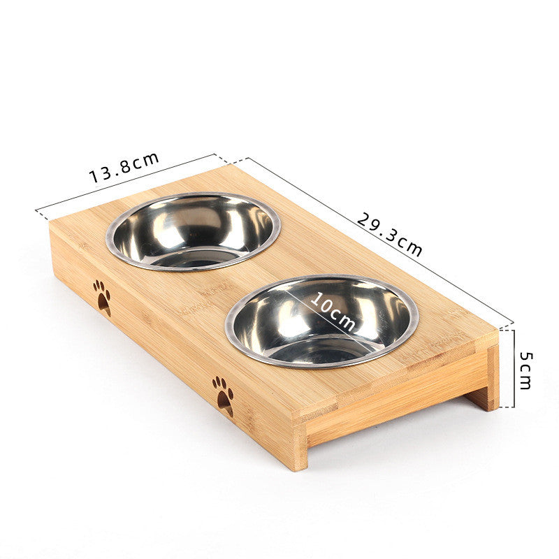 KFX-4758333 Bamboo Frame Double Bowl Set for Cats and Small Dogs - Ceramic and Stainless Steel