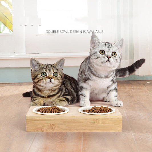 KFX-4758333 Bamboo Frame Double Bowl Set for Cats and Small Dogs - Ceramic and Stainless Steel
