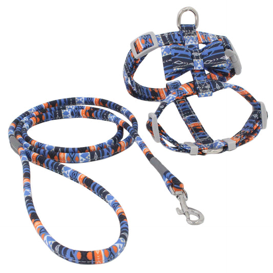 KFX-4761405 Comfortable Cat Harness Set with Printed Design - Adjustable Chest Strap and Traction Rope
