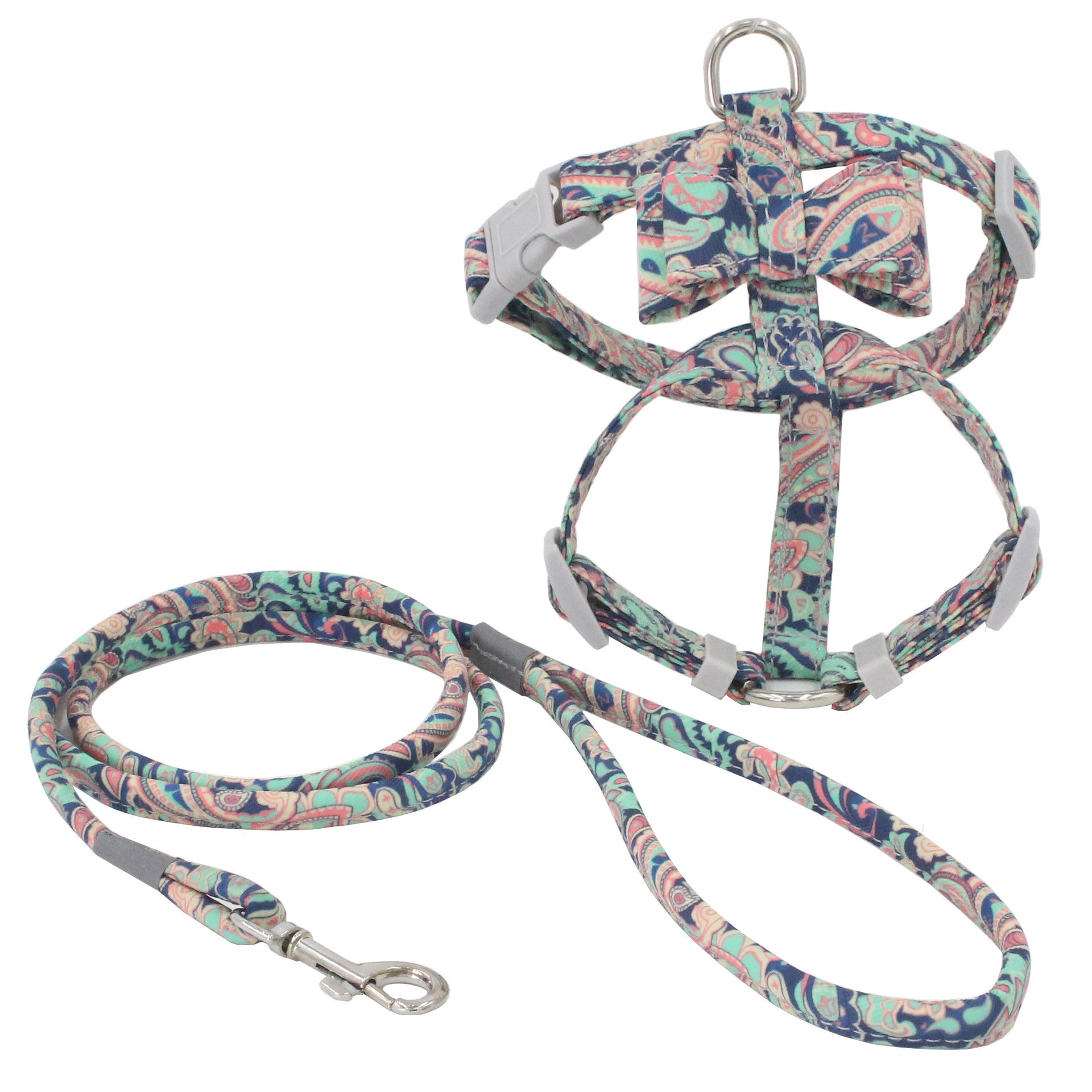 KFX-4761405 Comfortable Cat Harness Set with Printed Design - Adjustable Chest Strap and Traction Rope