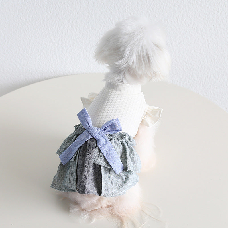 KFX-4762685 Cotton Linen Denim Blue Pet Skirt with Flounced Sleeves in Multiple Sizes
