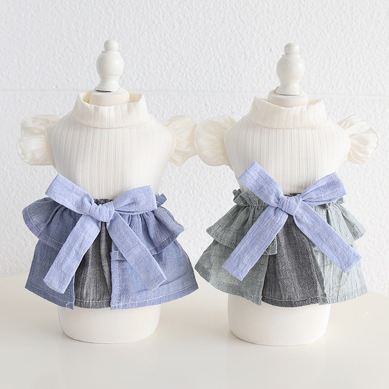 KFX-4762685 Cotton Linen Denim Blue Pet Skirt with Flounced Sleeves in Multiple Sizes