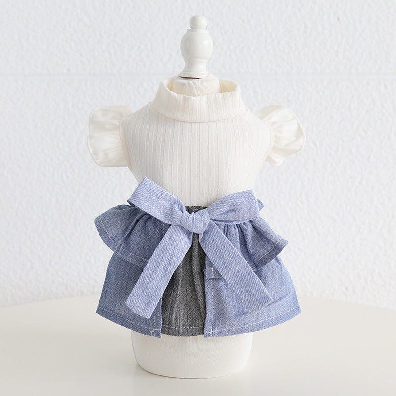 KFX-4762685 Cotton Linen Denim Blue Pet Skirt with Flounced Sleeves in Multiple Sizes