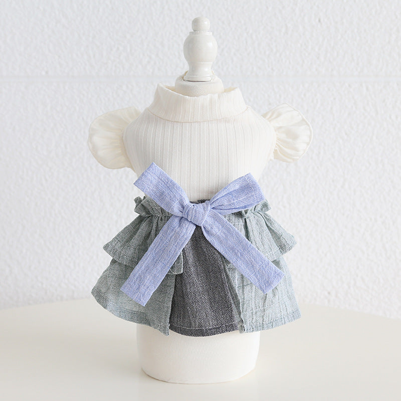 KFX-4762685 Cotton Linen Denim Blue Pet Skirt with Flounced Sleeves in Multiple Sizes