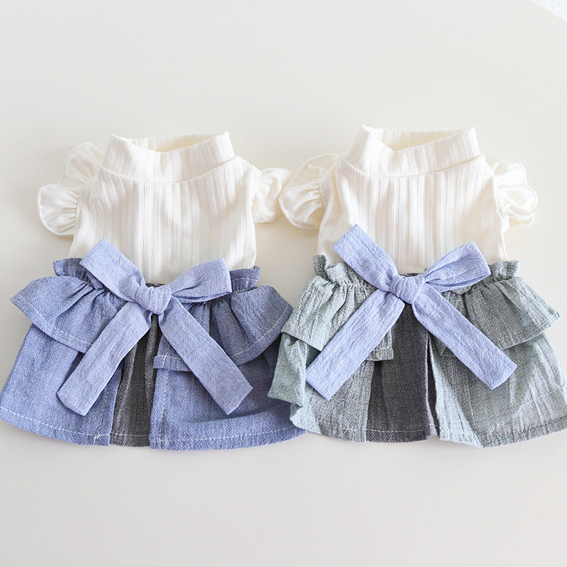 KFX-4762685 Cotton Linen Denim Blue Pet Skirt with Flounced Sleeves in Multiple Sizes