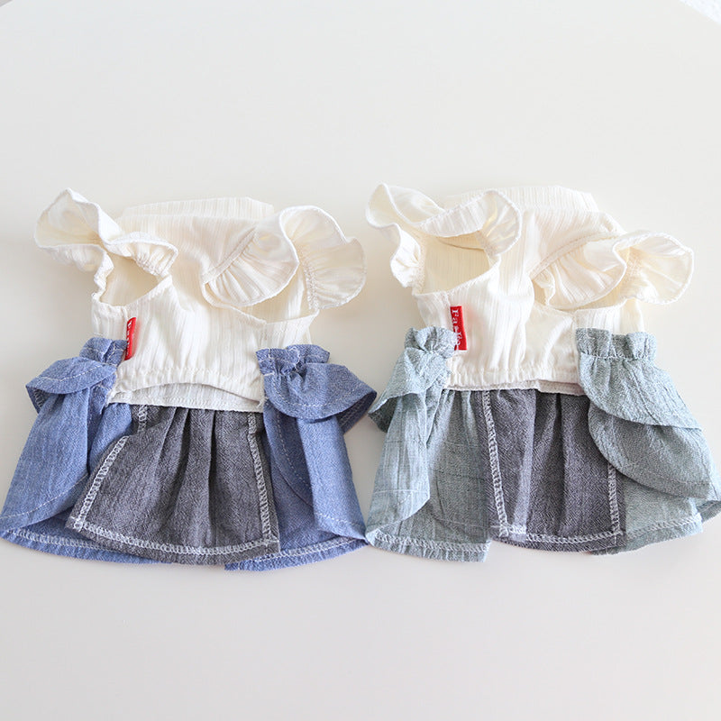 KFX-4762685 Cotton Linen Denim Blue Pet Skirt with Flounced Sleeves in Multiple Sizes