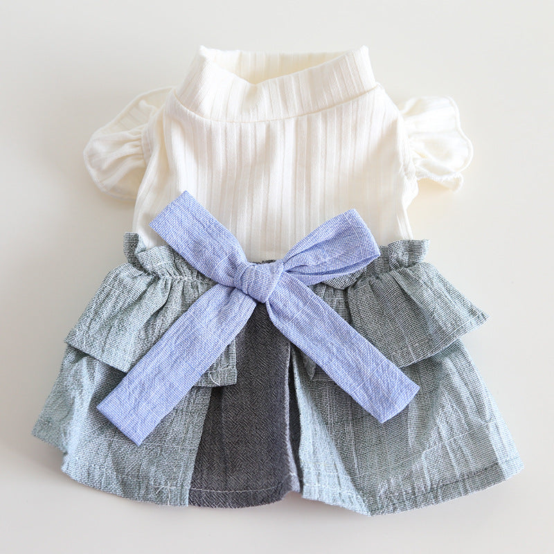 KFX-4762685 Cotton Linen Denim Blue Pet Skirt with Flounced Sleeves in Multiple Sizes