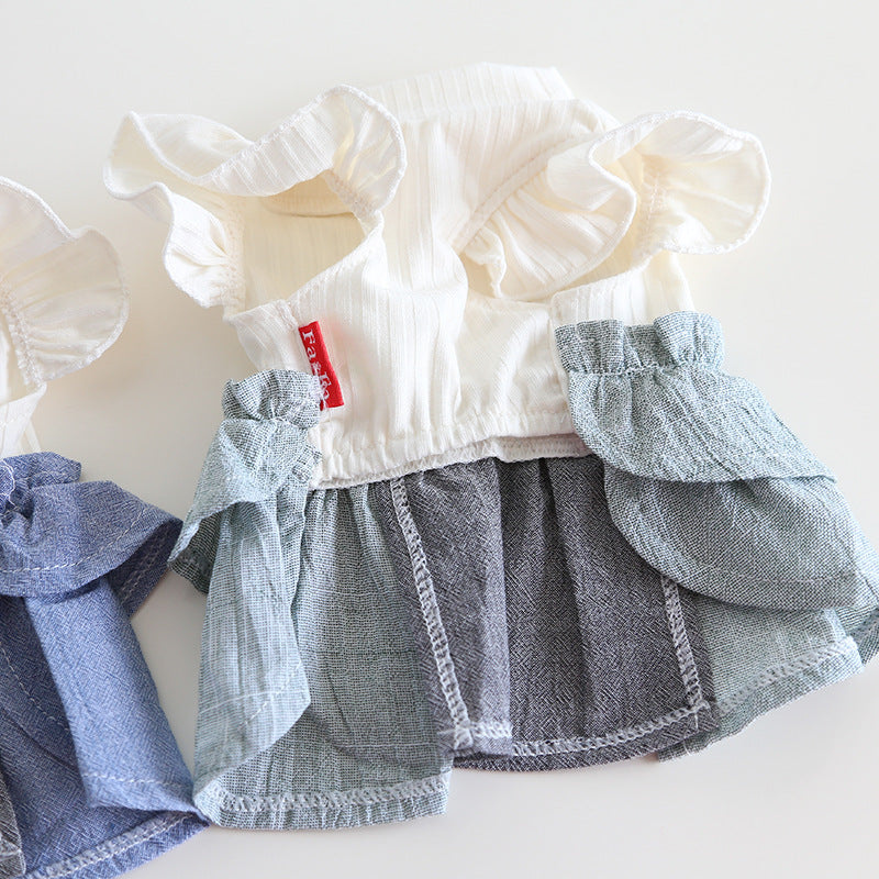 KFX-4762685 Cotton Linen Denim Blue Pet Skirt with Flounced Sleeves in Multiple Sizes
