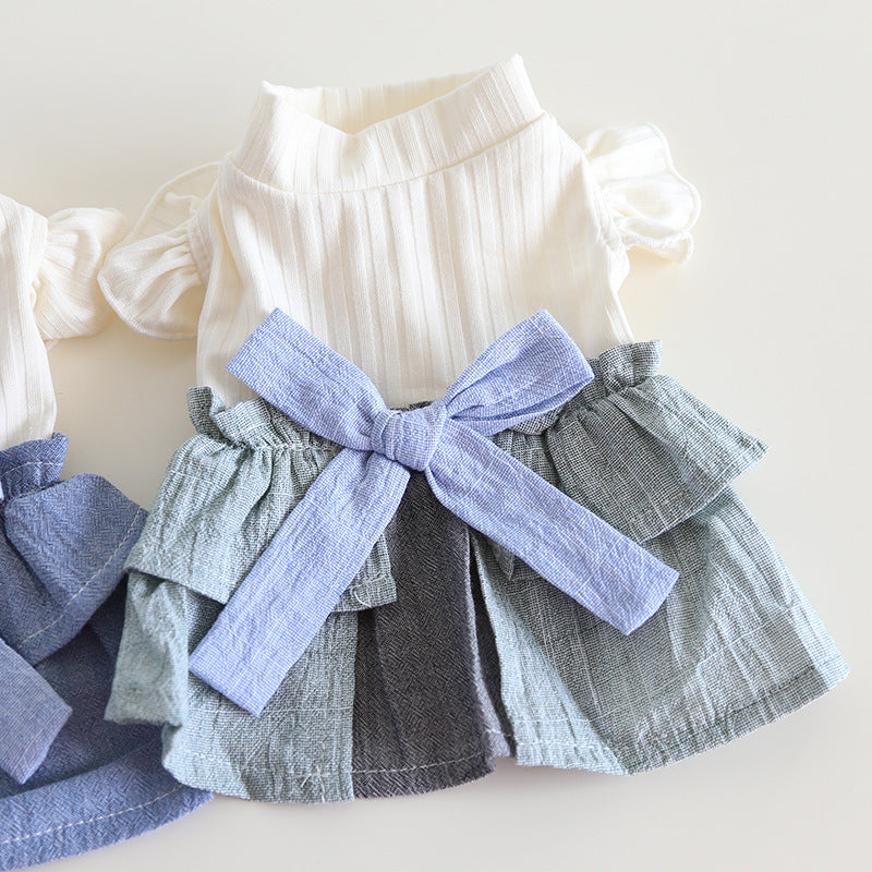 KFX-4762685 Cotton Linen Denim Blue Pet Skirt with Flounced Sleeves in Multiple Sizes