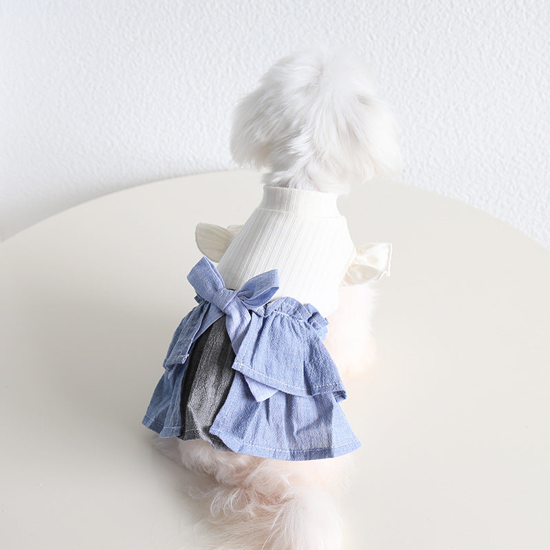 KFX-4762685 Cotton Linen Denim Blue Pet Skirt with Flounced Sleeves in Multiple Sizes
