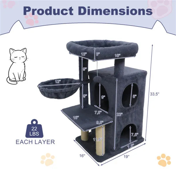 KFX-4767549 Dark Gray Multi-Level Cat Tree with 2-Tier Condo, Sisal Scratching Posts, and Anti-Toppling Device