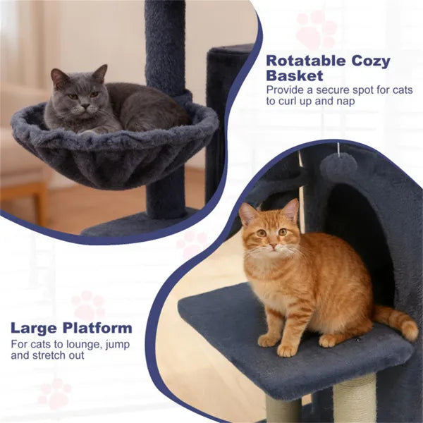 KFX-4767549 Dark Gray Multi-Level Cat Tree with 2-Tier Condo, Sisal Scratching Posts, and Anti-Toppling Device