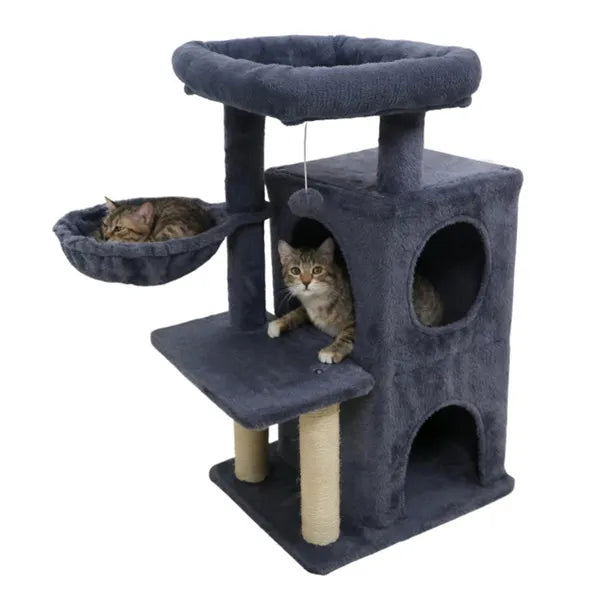 KFX-4767549 Dark Gray Multi-Level Cat Tree with 2-Tier Condo, Sisal Scratching Posts, and Anti-Toppling Device