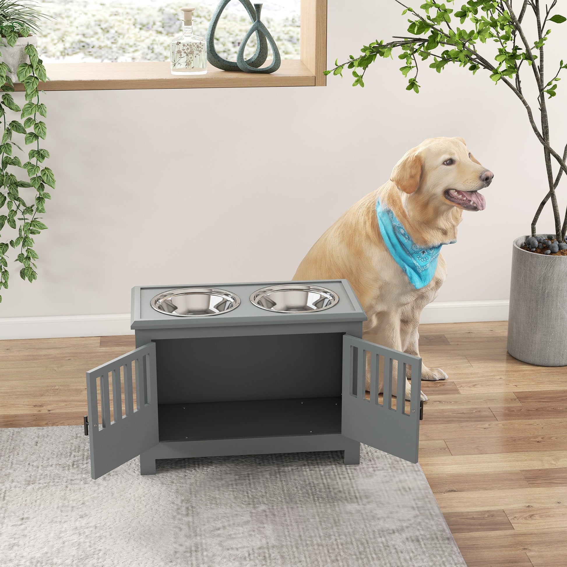 KFX-4773821 Gray Dog Food Storage Cabinet with Bowls and Feeding Station for Large Dogs
