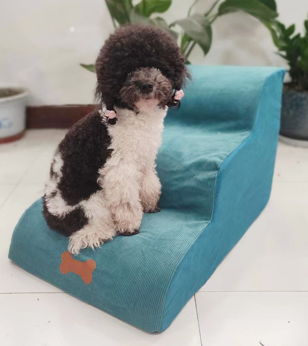 KFX-4776893 Washable Pet Stairs with Removable Flannel Cushion - 3-Tiered Soft Sponge Ladder for Small Dogs
