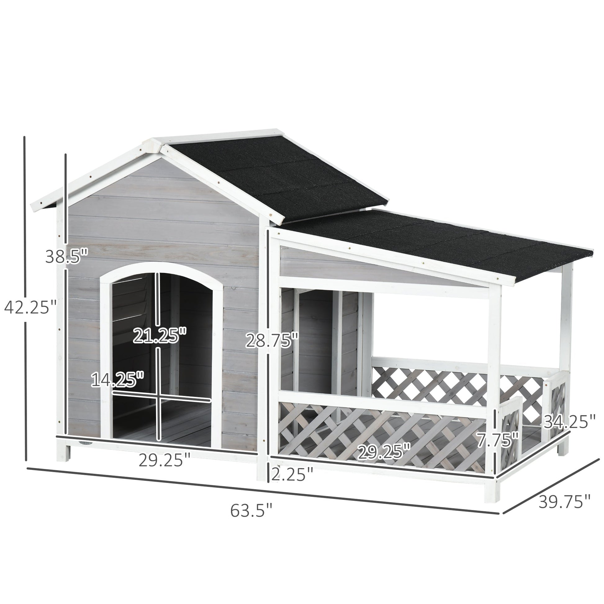 KFX-4777277 Wooden Raised Dog House with Porch and Asphalt Roof for Medium to Large Dogs, Light Gray
