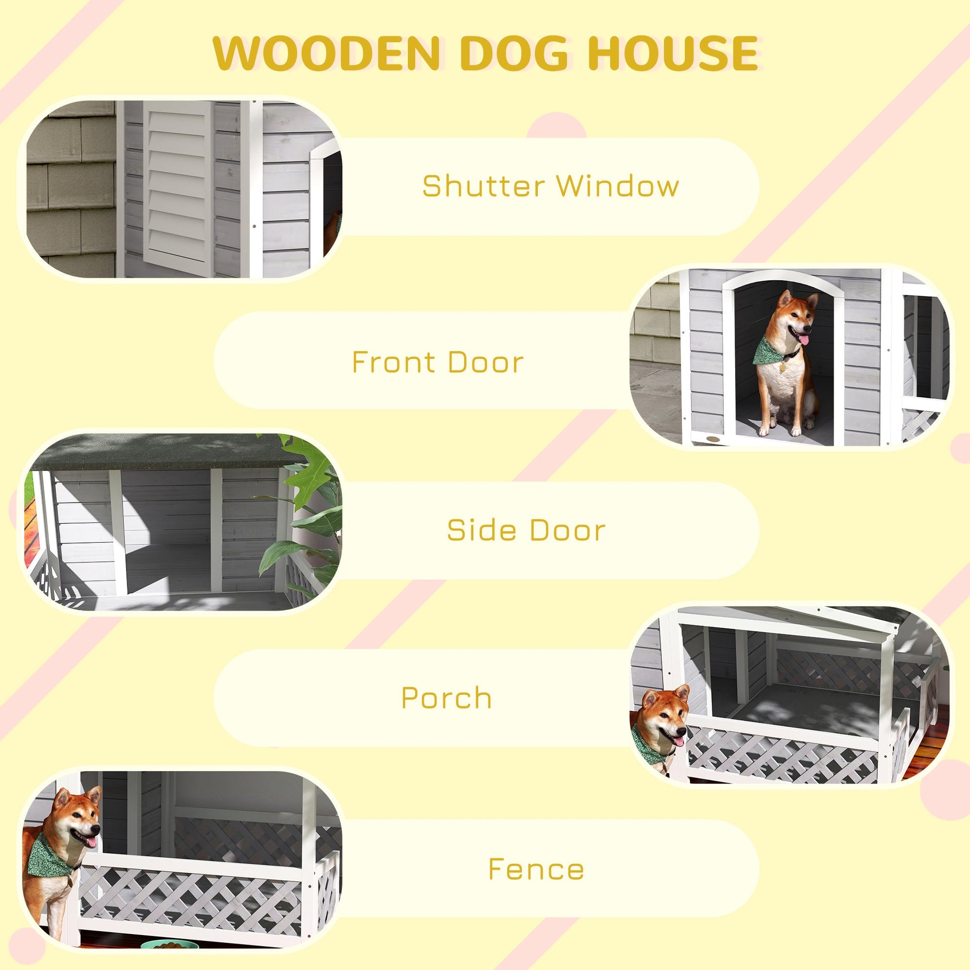 KFX-4777277 Wooden Raised Dog House with Porch and Asphalt Roof for Medium to Large Dogs, Light Gray