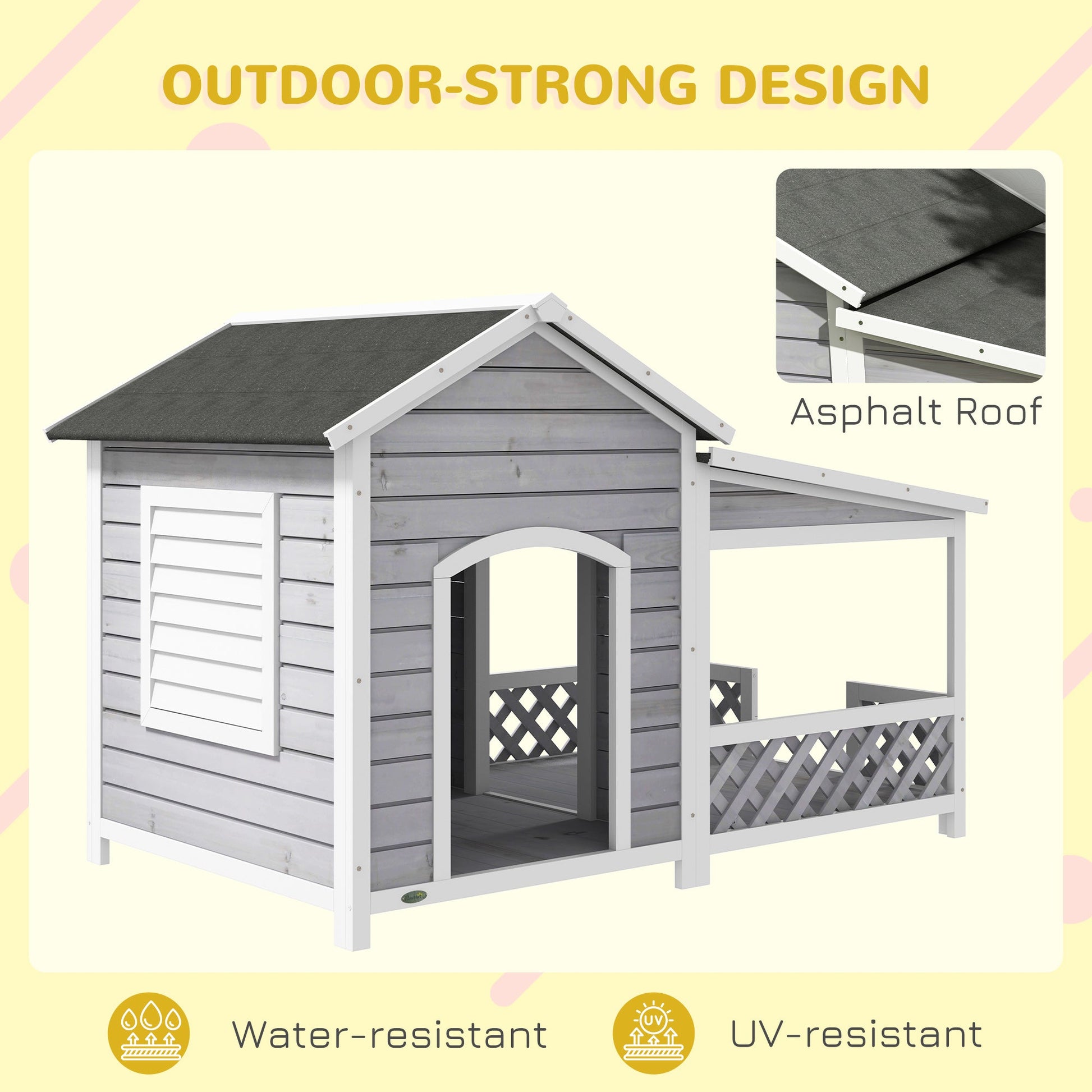 KFX-4777277 Wooden Raised Dog House with Porch and Asphalt Roof for Medium to Large Dogs, Light Gray