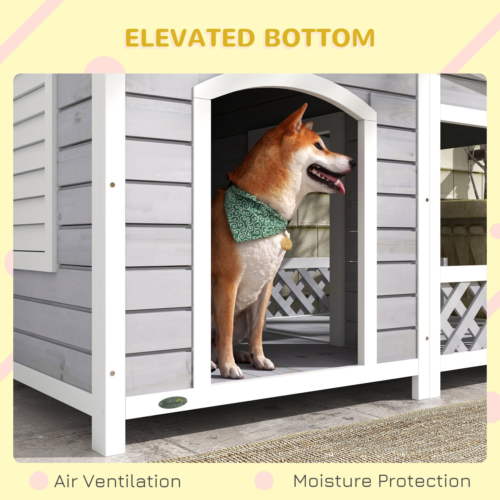 KFX-4777277 Wooden Raised Dog House with Porch and Asphalt Roof for Medium to Large Dogs, Light Gray