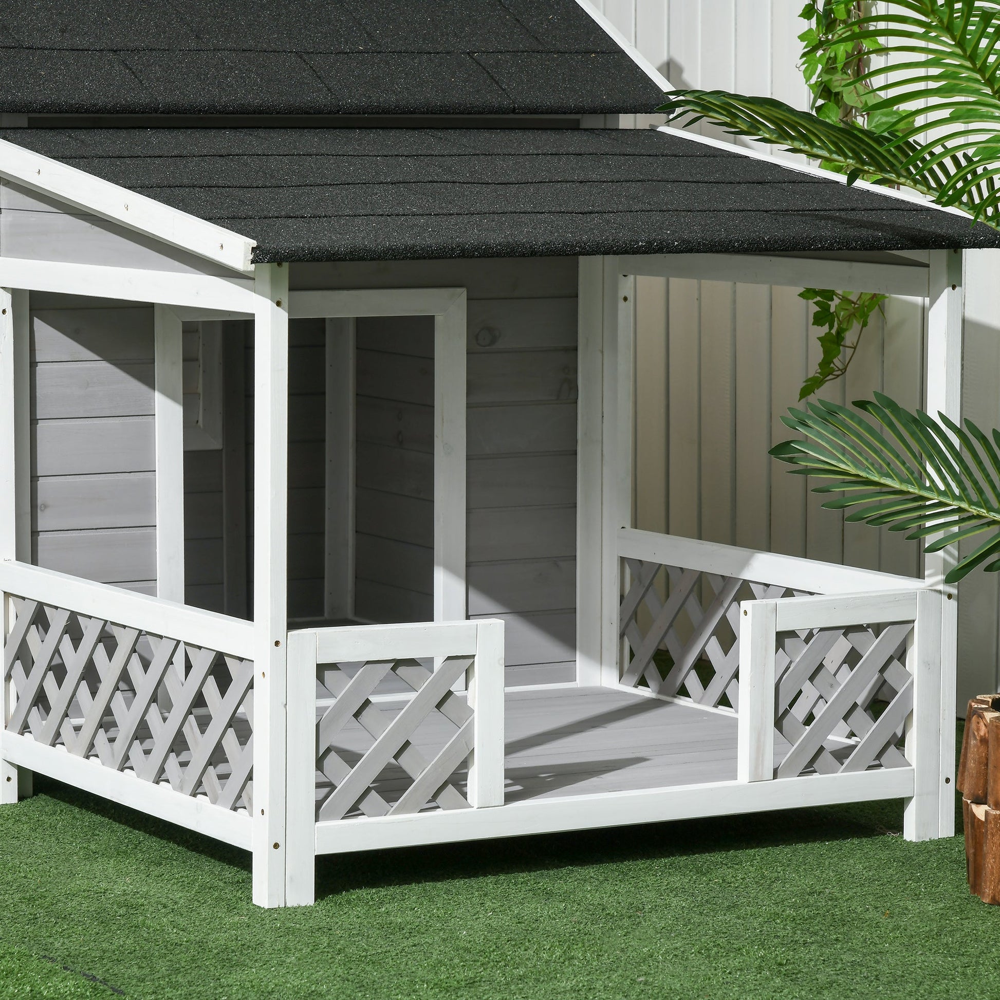 KFX-4777277 Wooden Raised Dog House with Porch and Asphalt Roof for Medium to Large Dogs, Light Gray