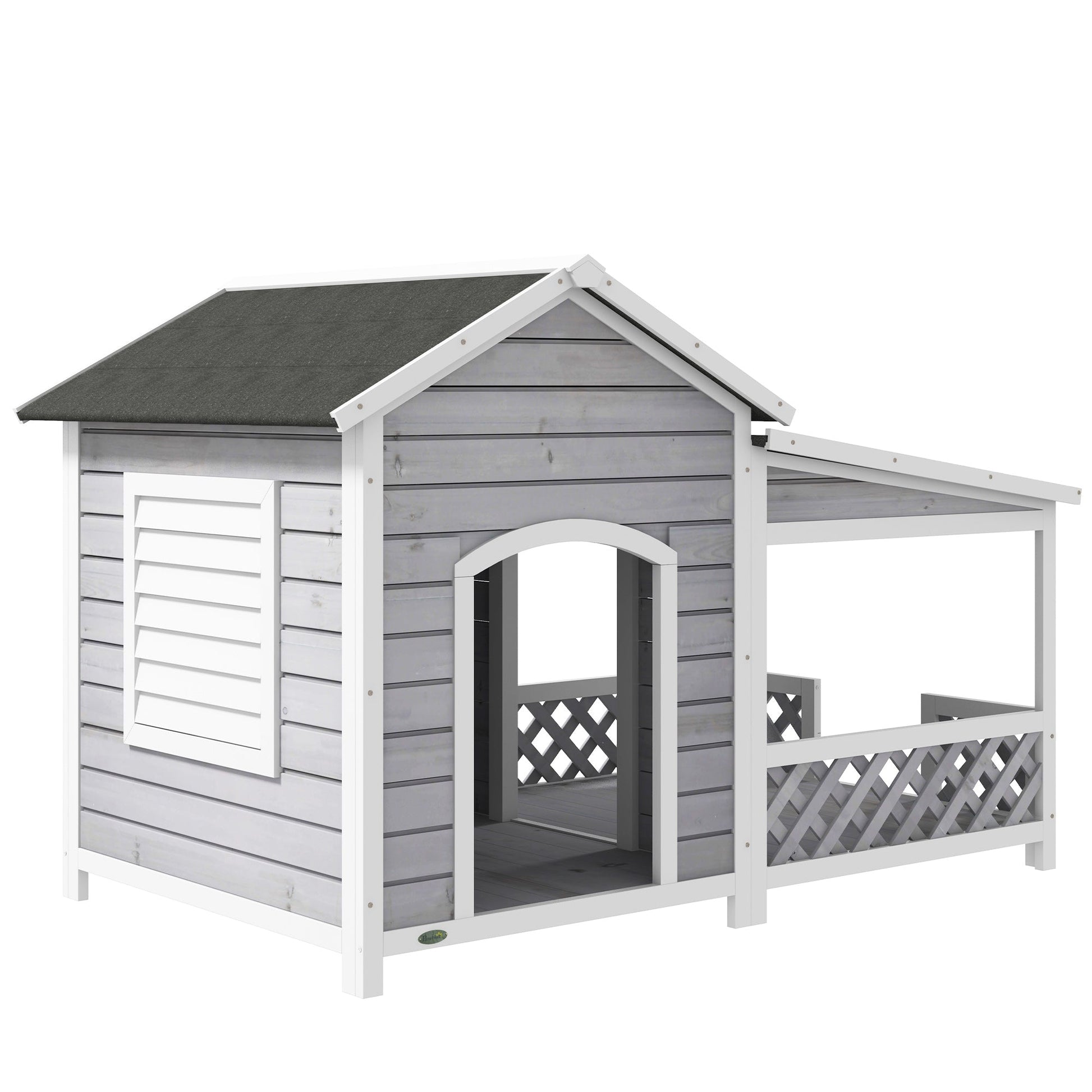 KFX-4777277 Wooden Raised Dog House with Porch and Asphalt Roof for Medium to Large Dogs, Light Gray