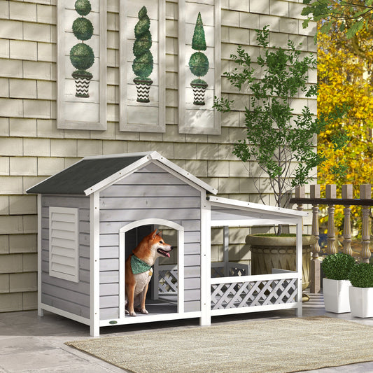KFX-4777277 Wooden Raised Dog House with Porch and Asphalt Roof for Medium to Large Dogs, Light Gray