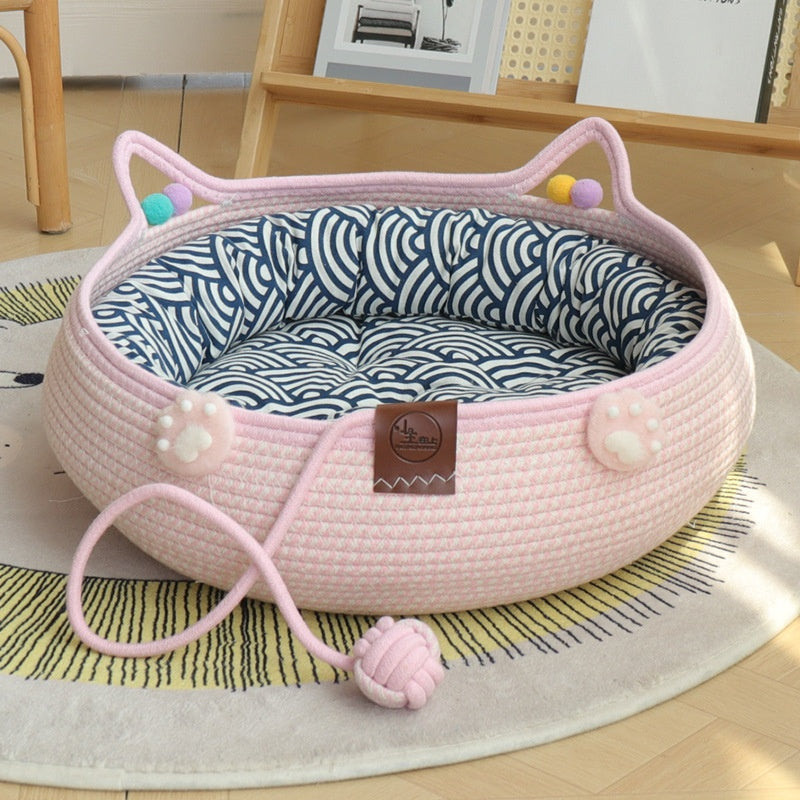 KFX-4777661 Bamboo Weaving Cat Kennels with Cotton Pad, Ideal for Pets in Various Styles and Sizes
