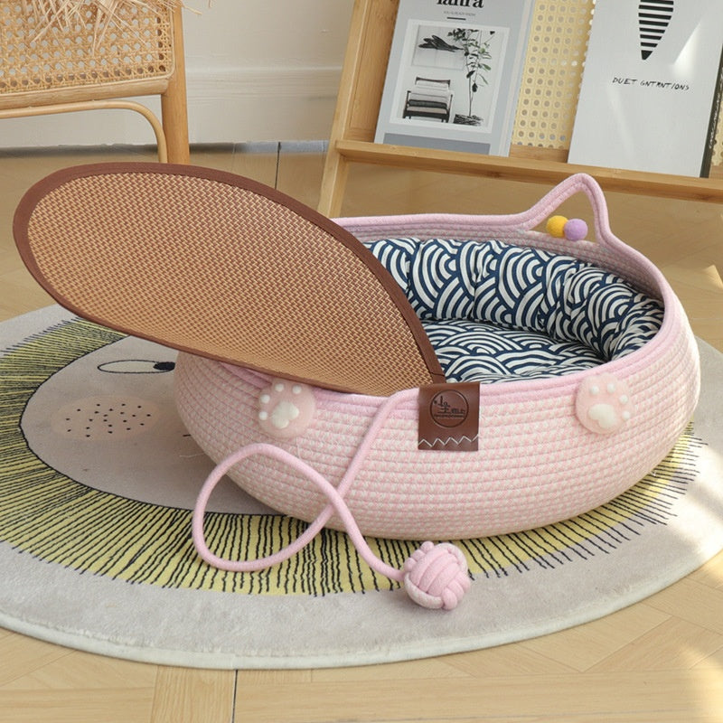 KFX-4777661 Bamboo Weaving Cat Kennels with Cotton Pad, Ideal for Pets in Various Styles and Sizes
