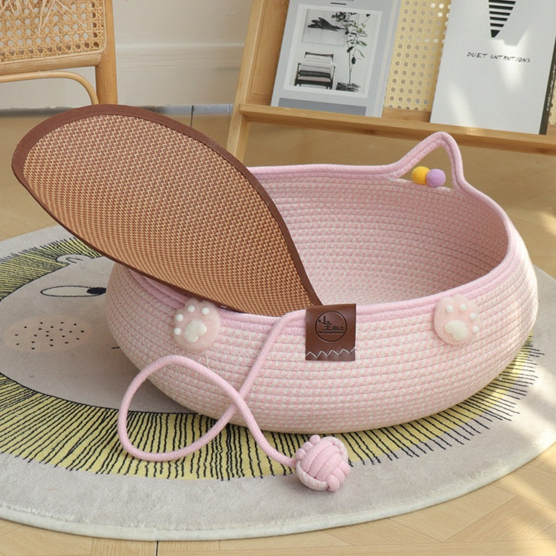 KFX-4777661 Bamboo Weaving Cat Kennels with Cotton Pad, Ideal for Pets in Various Styles and Sizes