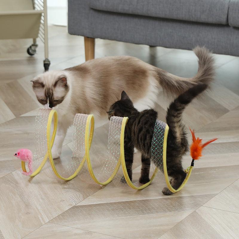 KFX-4778685 Foldable Cat Tunnel with Feather and Sisal Mouse Balls - Interactive Play Toy for Kittens and Cats
