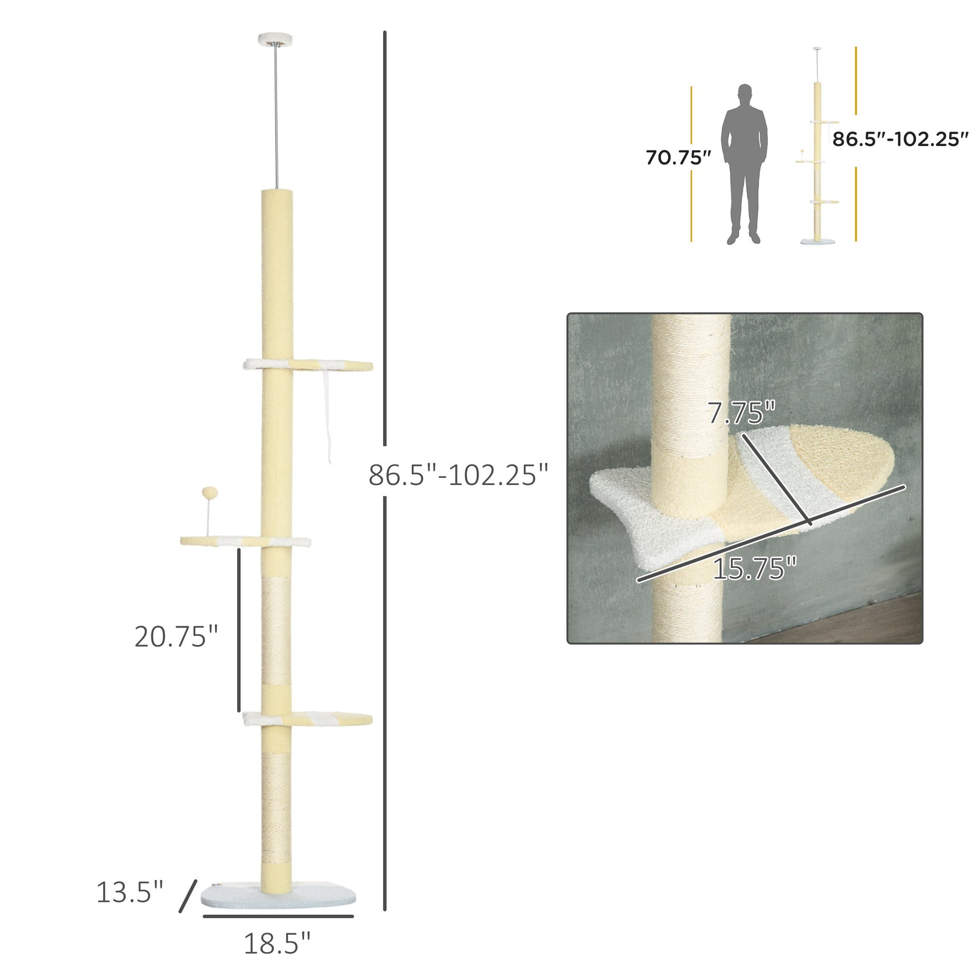 KFX-4782653 Adjustable 4-Tier Floor to Ceiling Cat Tree with Scratch Posts and Plush Platforms for Cats Under 10 lbs