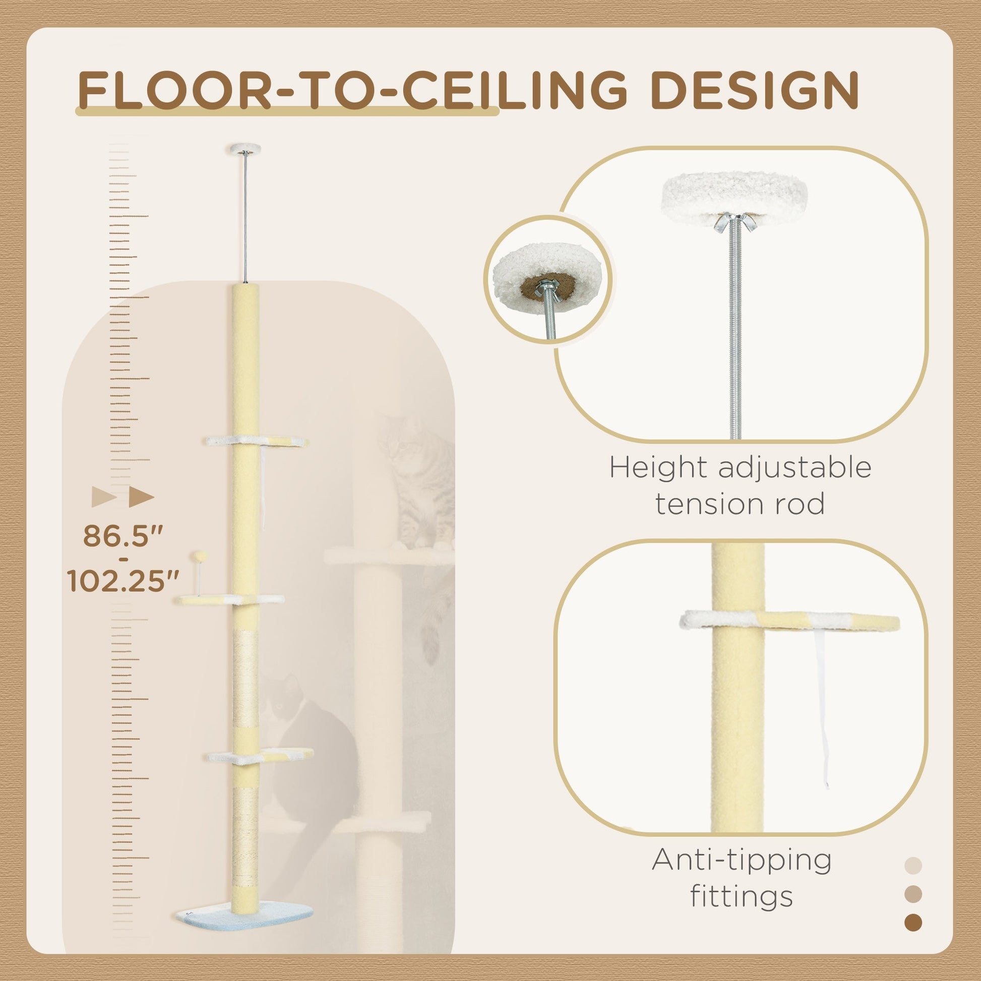 KFX-4782653 Adjustable 4-Tier Floor to Ceiling Cat Tree with Scratch Posts and Plush Platforms for Cats Under 10 lbs