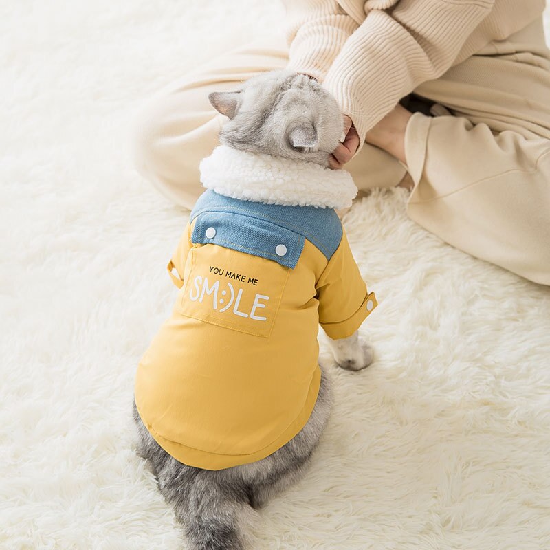 KFX-4789309 Thick Winter Pet Coat Jacket for Dogs and Cats, Soft Denim Fabric with Lamb Velvet Lining