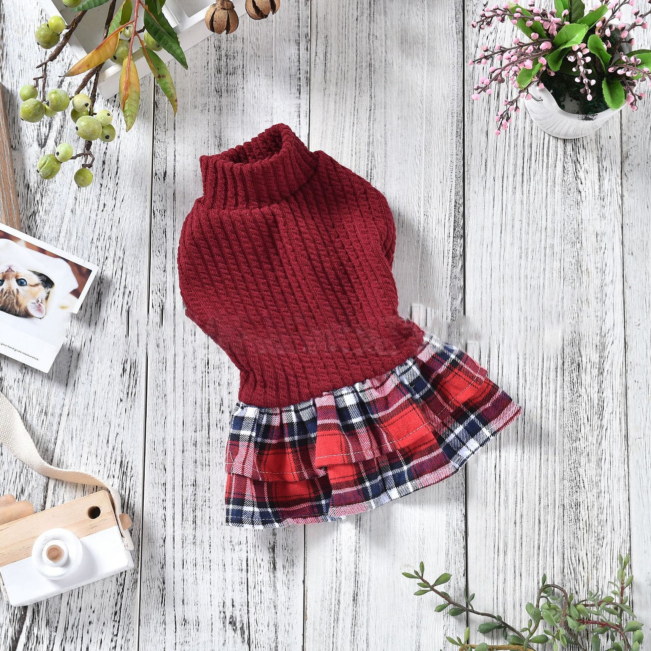 KFX-4789693 Plaid Wool Skirt for Pets - Autumn and Winter Dog Apparel