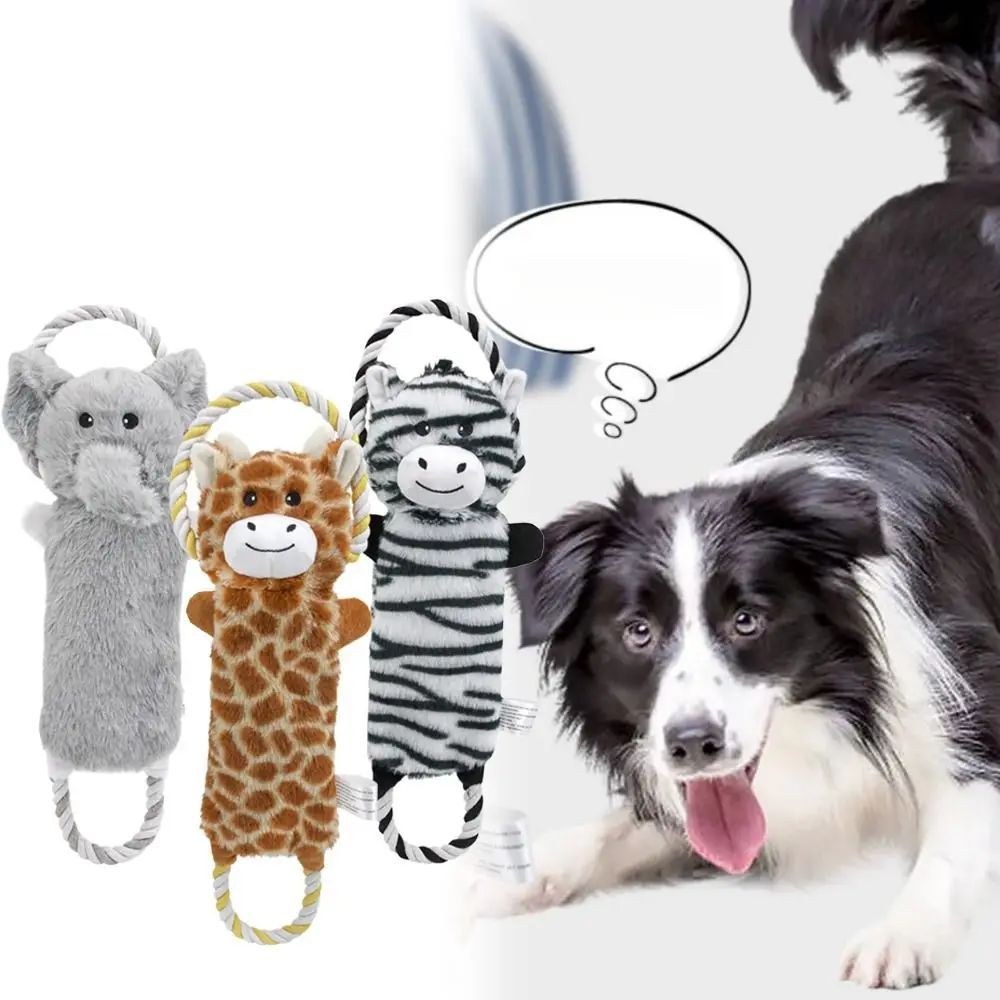 KFX-4794557 Stuffed Animal-Shaped Squeaky Dog Toy with Durable Rope, Elephant/Zebra Design for Interactive Play