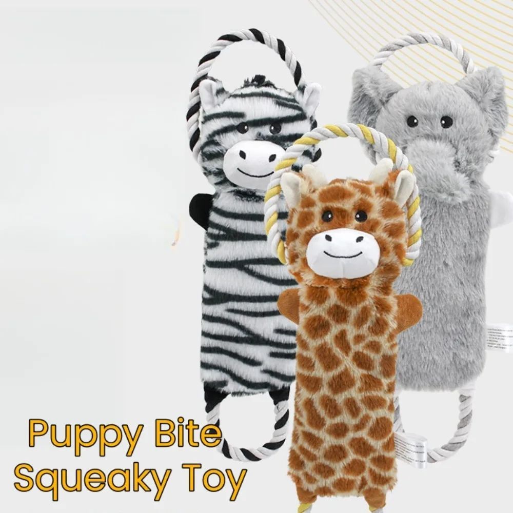KFX-4794557 Stuffed Animal-Shaped Squeaky Dog Toy with Durable Rope, Elephant/Zebra Design for Interactive Play