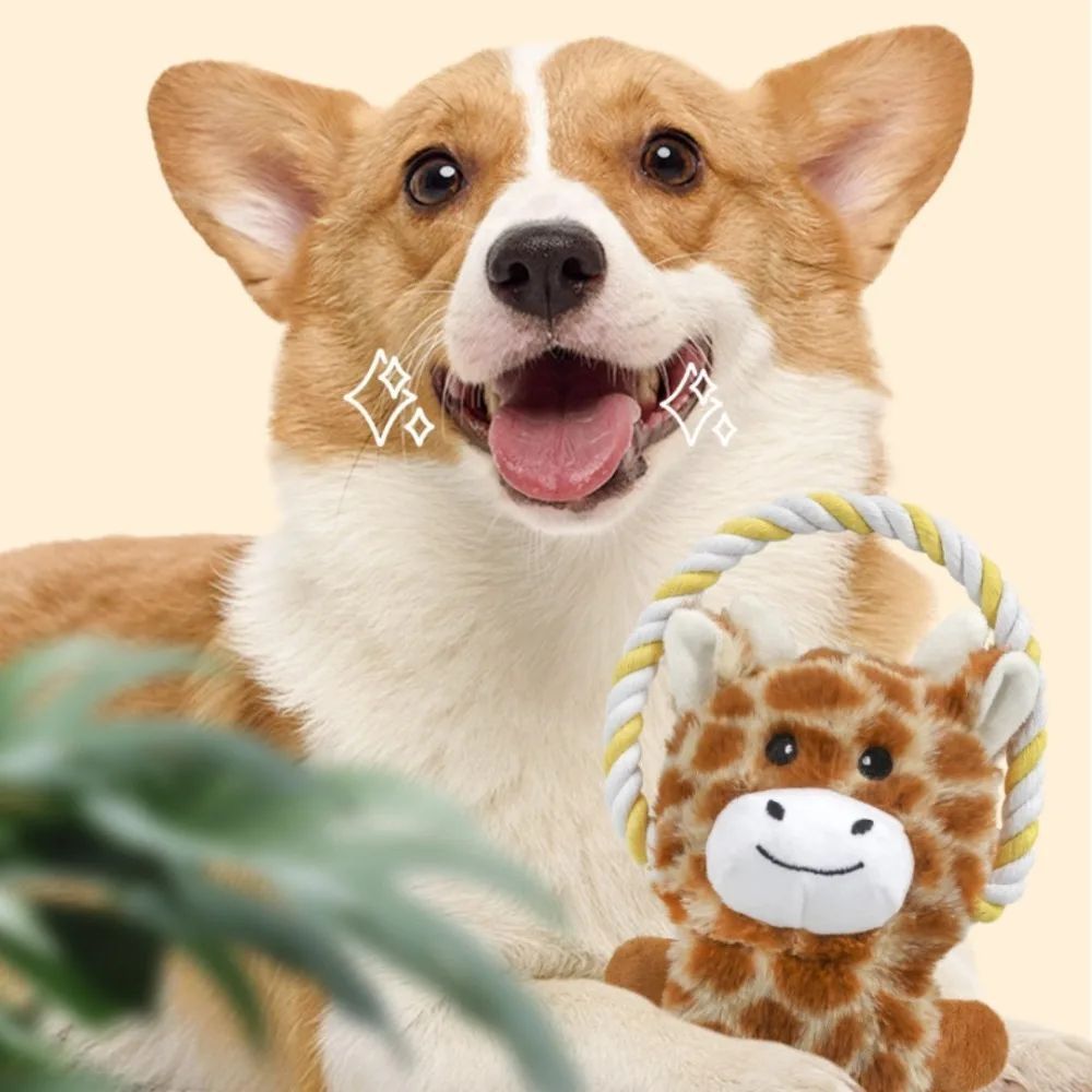 KFX-4794557 Stuffed Animal-Shaped Squeaky Dog Toy with Durable Rope, Elephant/Zebra Design for Interactive Play