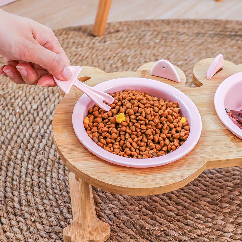 KFX-4795069 Ceramic Pet Feeding Bowls with Bamboo Stand for Dogs and Cats - Single or Double Food and Water Dish