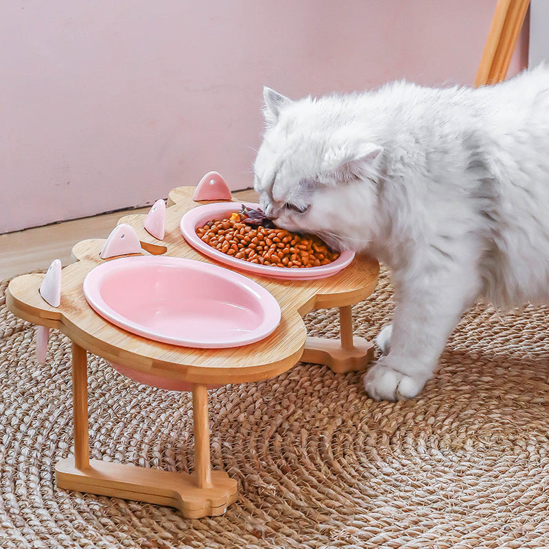 KFX-4795069 Ceramic Pet Feeding Bowls with Bamboo Stand for Dogs and Cats - Single or Double Food and Water Dish