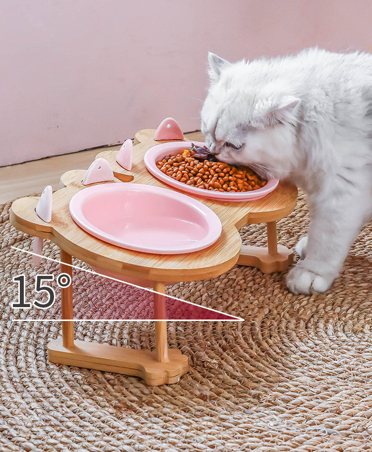KFX-4795069 Ceramic Pet Feeding Bowls with Bamboo Stand for Dogs and Cats - Single or Double Food and Water Dish