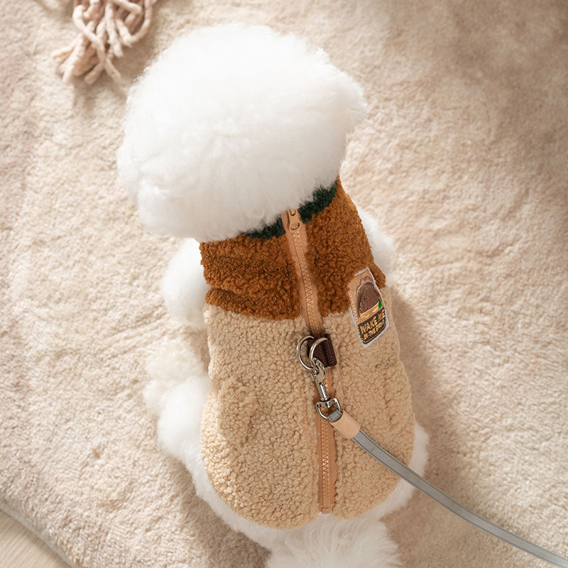 KFX-4805181 Cozy Color-Block Fleece Jacket for Small Dogs with Leash Ring and Pockets