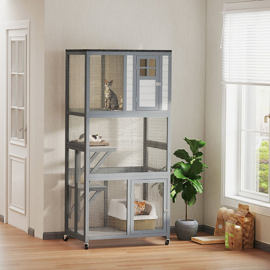 KFX-4806461 74" Dark Gray Outdoor Wooden Cat House with Perches and Weather Protection