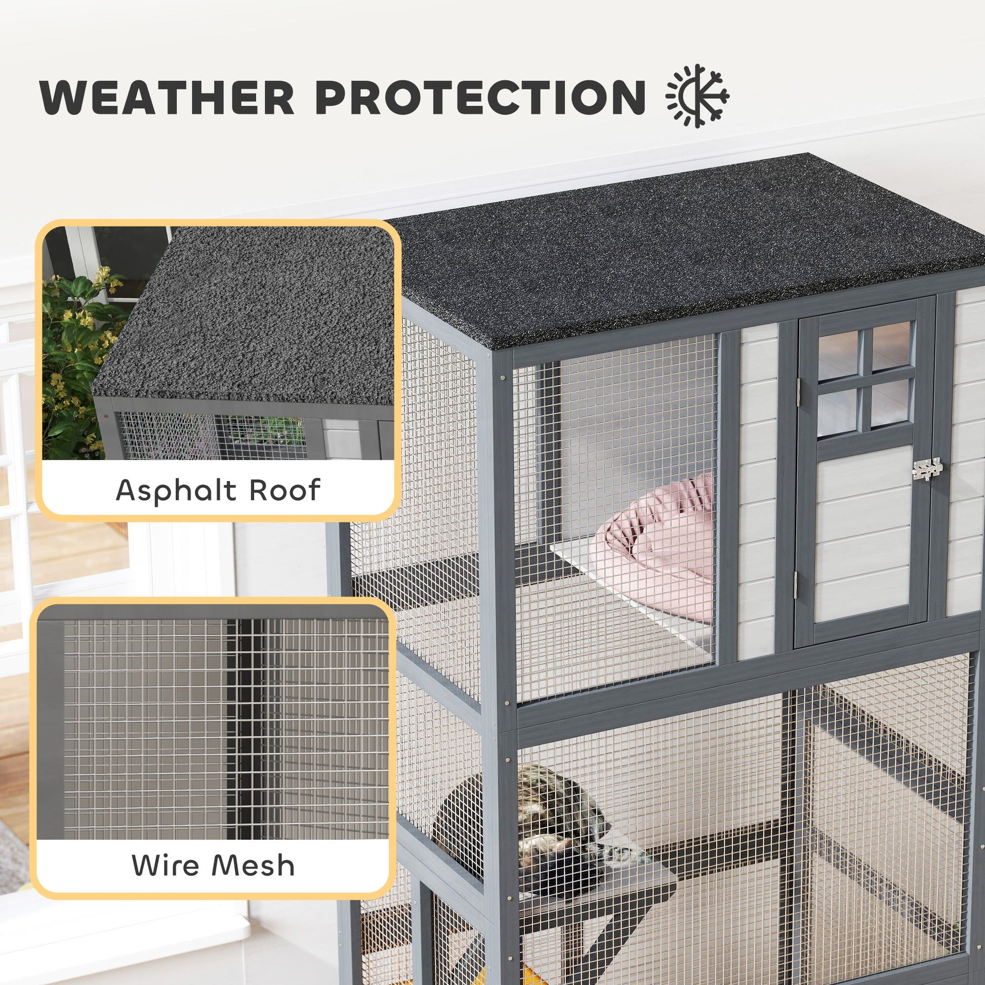 KFX-4806461 74" Dark Gray Outdoor Wooden Cat House with Perches and Weather Protection